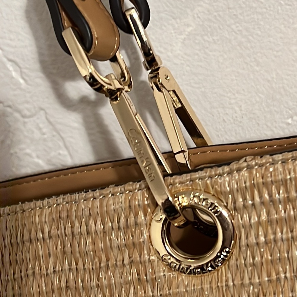 Calvin Klein Beige Straw Tote with Ivory CK Logo Panel - Picture 2 of 10